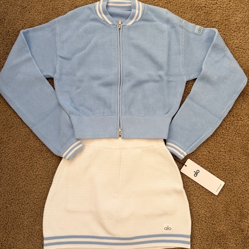 alo tennis club sweater knit full zip jacket and skirt seashell blue size XS